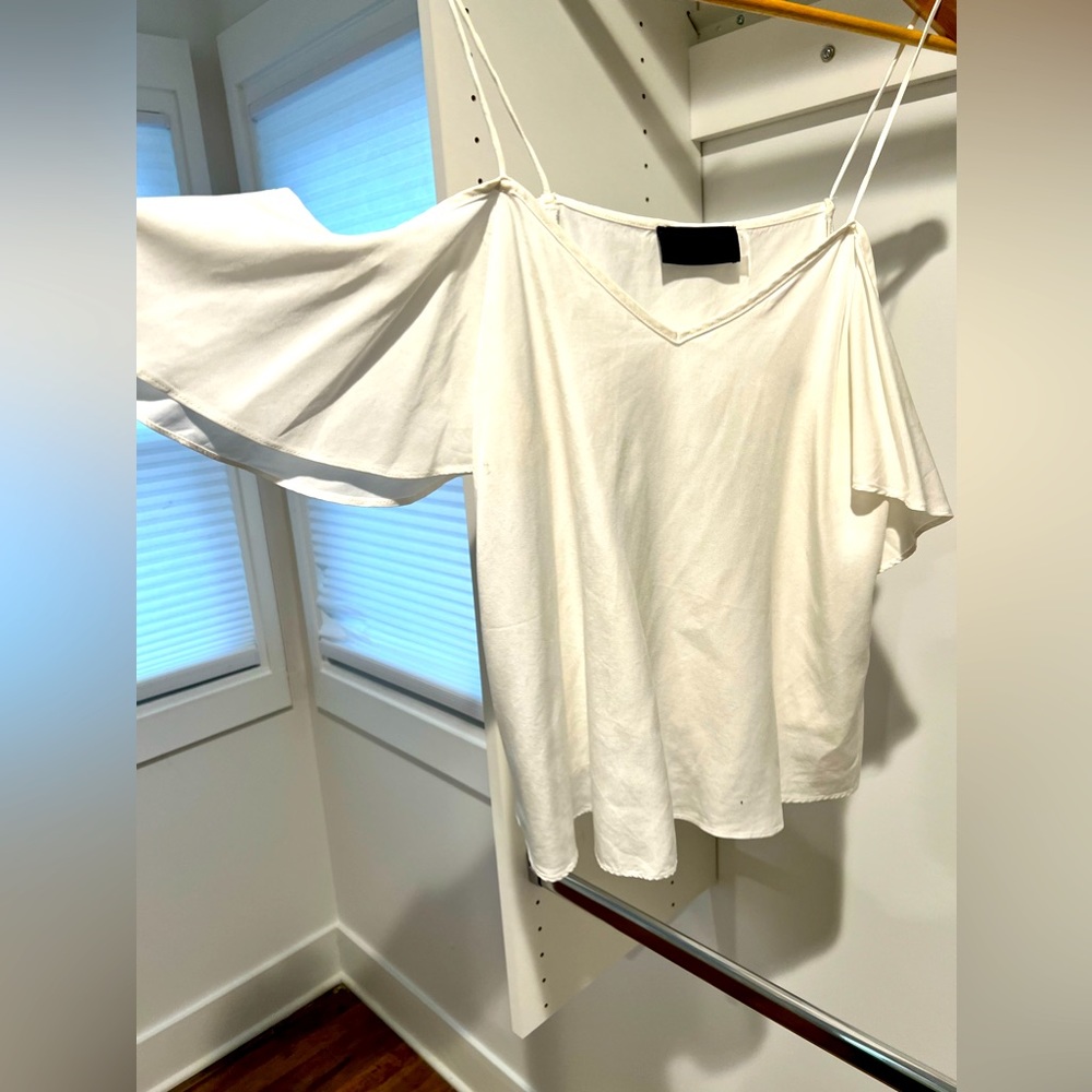 Simple white top with decorative sleeve detail, size small